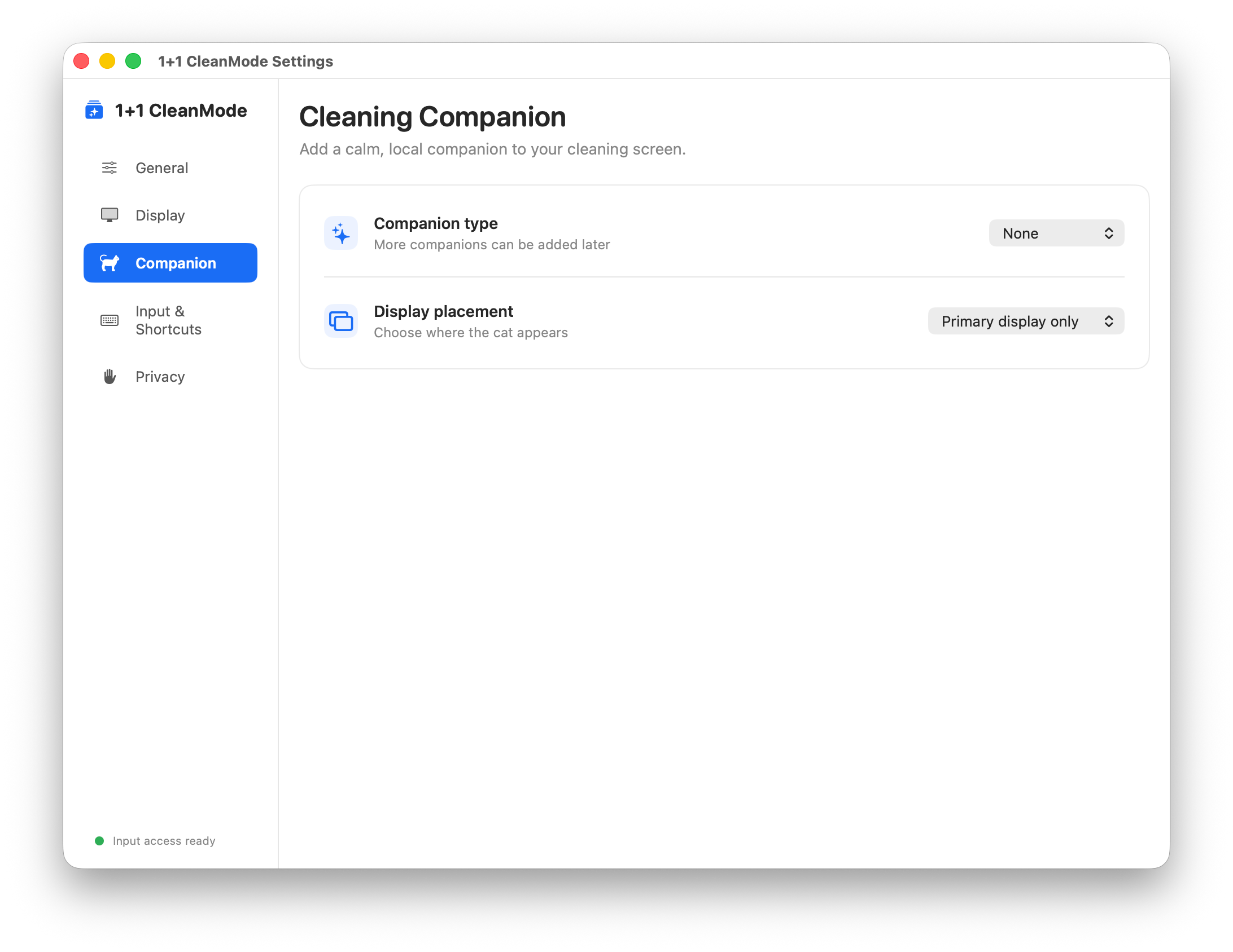 1+1 CleanMode cleaning companion settings