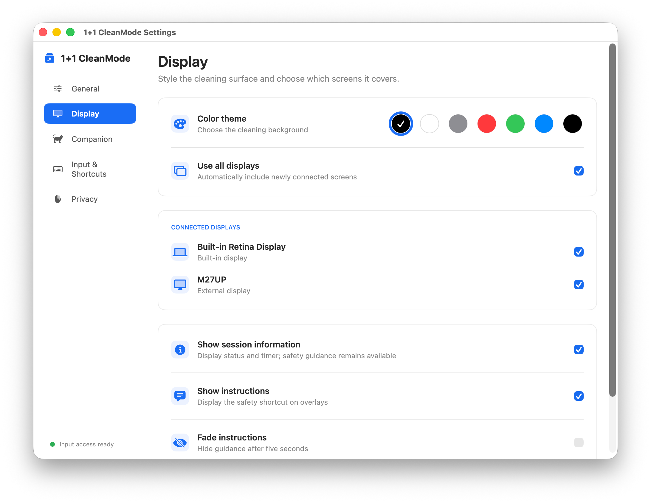 1+1 CleanMode display settings with color and connected display controls