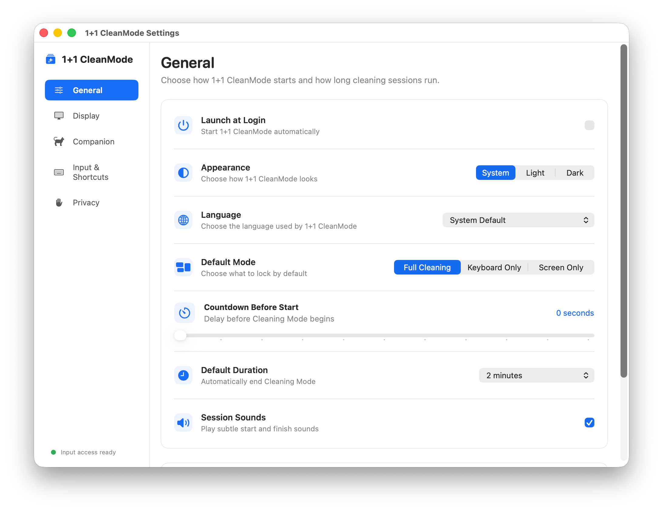 1+1 CleanMode general settings