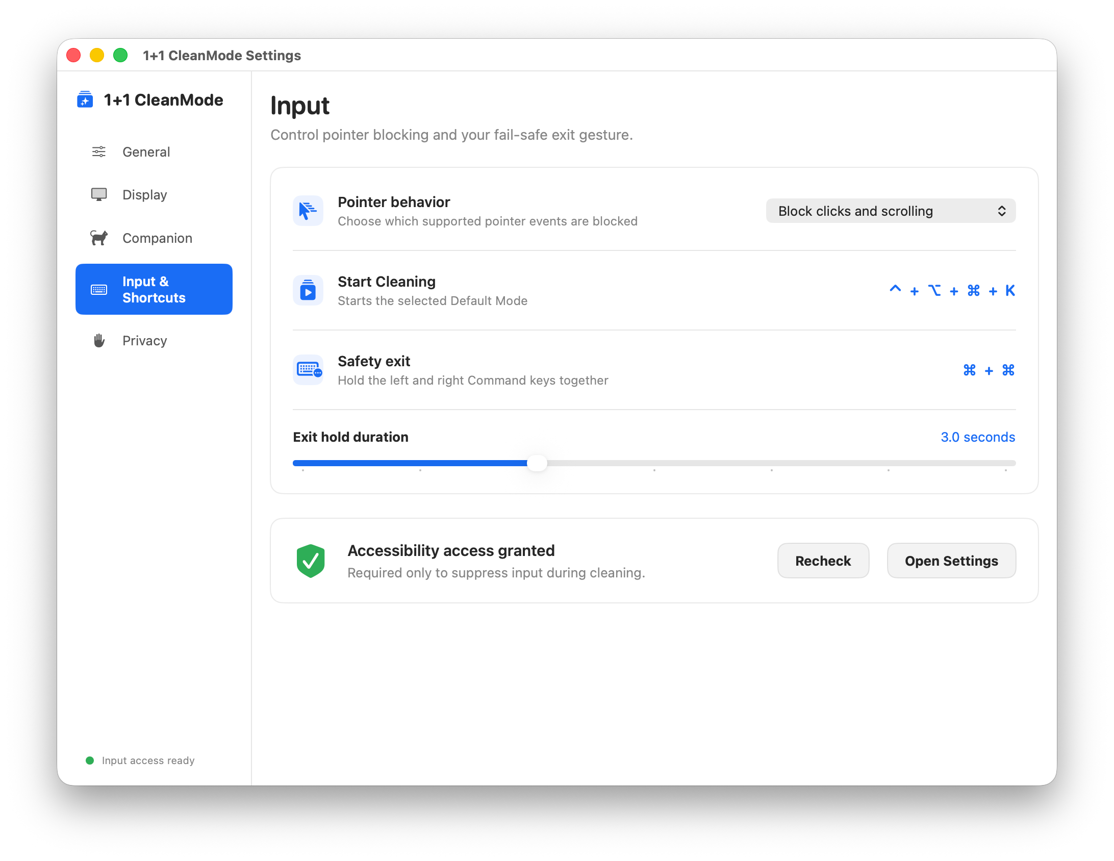1+1 CleanMode input settings with start and safety exit shortcuts